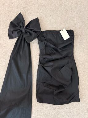 Strapless Black Cocktail Dress with Dramatic Bow Sash